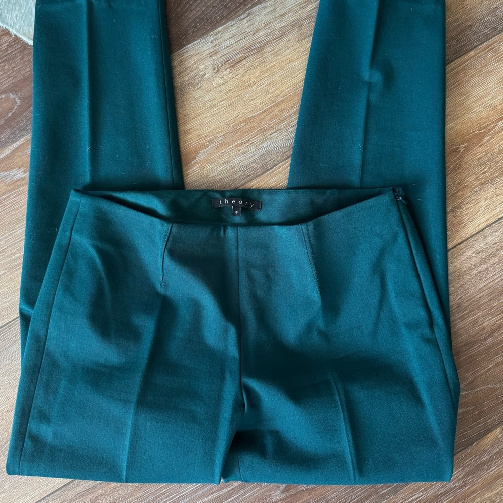 Theory Belisa Green Wool Blend Side Zip Flat Front Pants 6